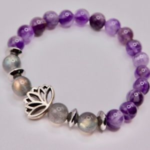 Labradorite Amethyst Silver Lotus Crystal Bead Bracelet Purple Iridescent Gray